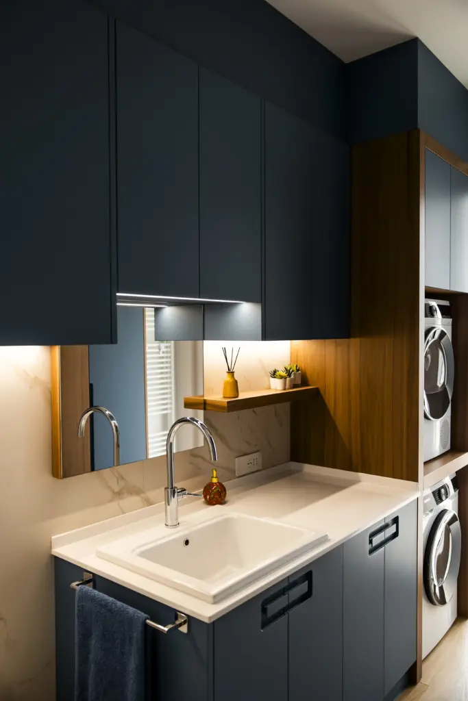Lavanderia su misura con mobili contenitori blu opaco, lavabo integrato, colonna in legno con lavatrice e asciugatrice e pensili moderni.
