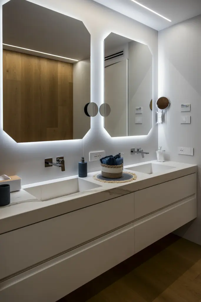 Mobile bagno sospeso con doppio lavabo, top in marmo e specchi retroilluminati a LED.