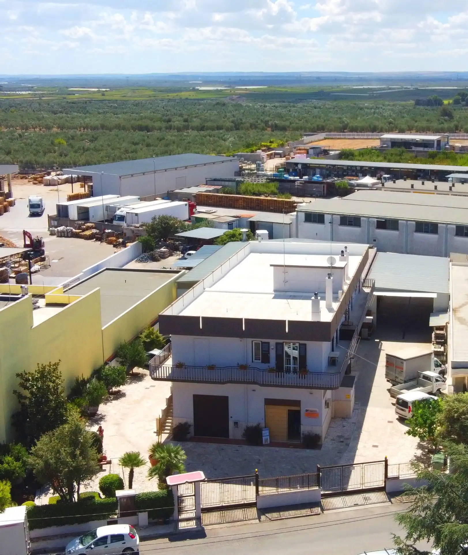 Vista dall’alto della sede dell’Ebanisteria Stasi, circondata da aree verdi e stabilimenti artigianali.